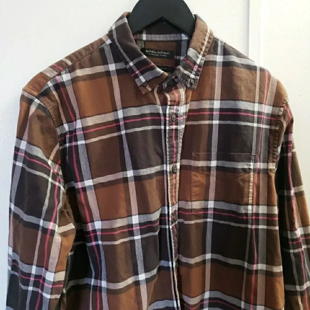 Banana Republic Ultra Soft Flannel Brown Plaid Untucked Slim Fit Long Sleeve Lg